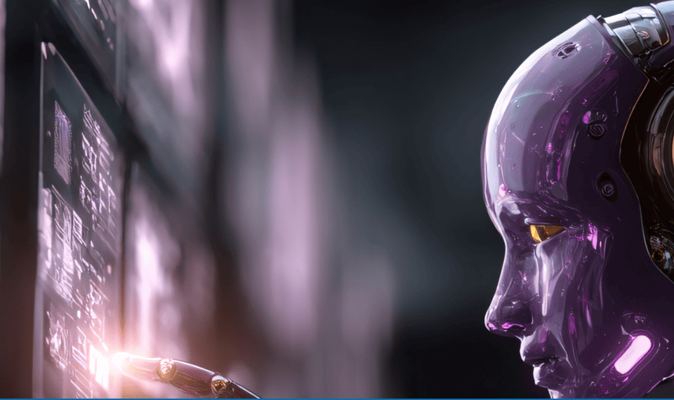 Imagem de um robô mostrado como IA apontando para a tela